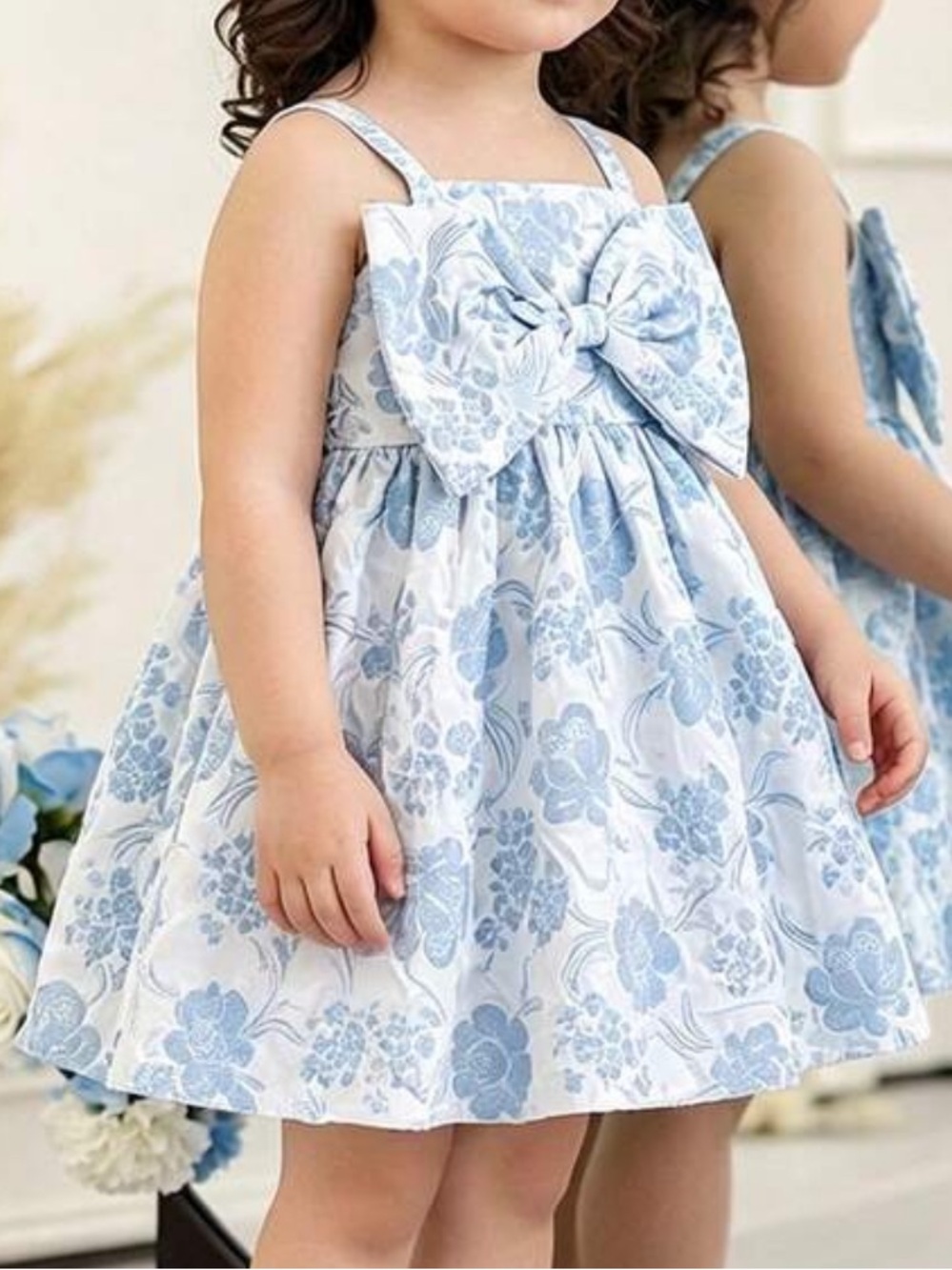NWT Blue & White Floral Jacquard Bow Dress Toddler Girl 2T–3T Tea Party Dress